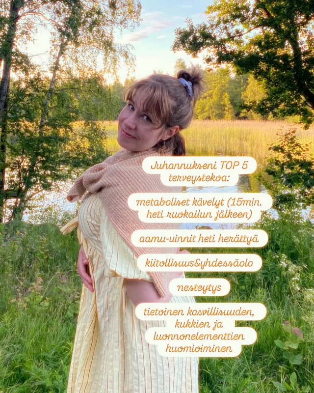 Juhannukseni TOP 5 terveysteotMetaboliset kävelyt 15min. heti ruokailun jälkeen.
Aamu-uinnit.
Kiitollisuus & yhdessäolo.
Nesteytys.
Tietoinen kasvillisuuden, kukkien ja luonnonelementtien huomioiminen.Mitä päivittäisiä terveystekoja sinulla on käytössä kesällä?Hyvää kesäpäivänseisauksen aikaa kaikille! ☀️#osteopatia #terveys #osteopaatti #osteopatiakeskuskarhu #osteopaattimarikoski